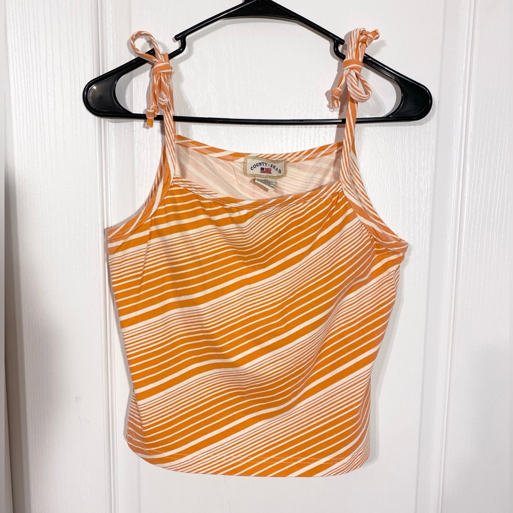 90s VTG County Seat Tie Strap Diagonal Stripe Crop Top Orange White Large